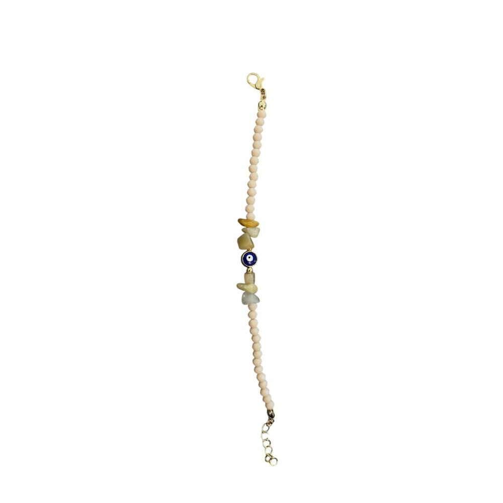 Cream Evil Eye Beaded Bracelet Gold Tone Adjustable Handmade - Picture 4 of 4